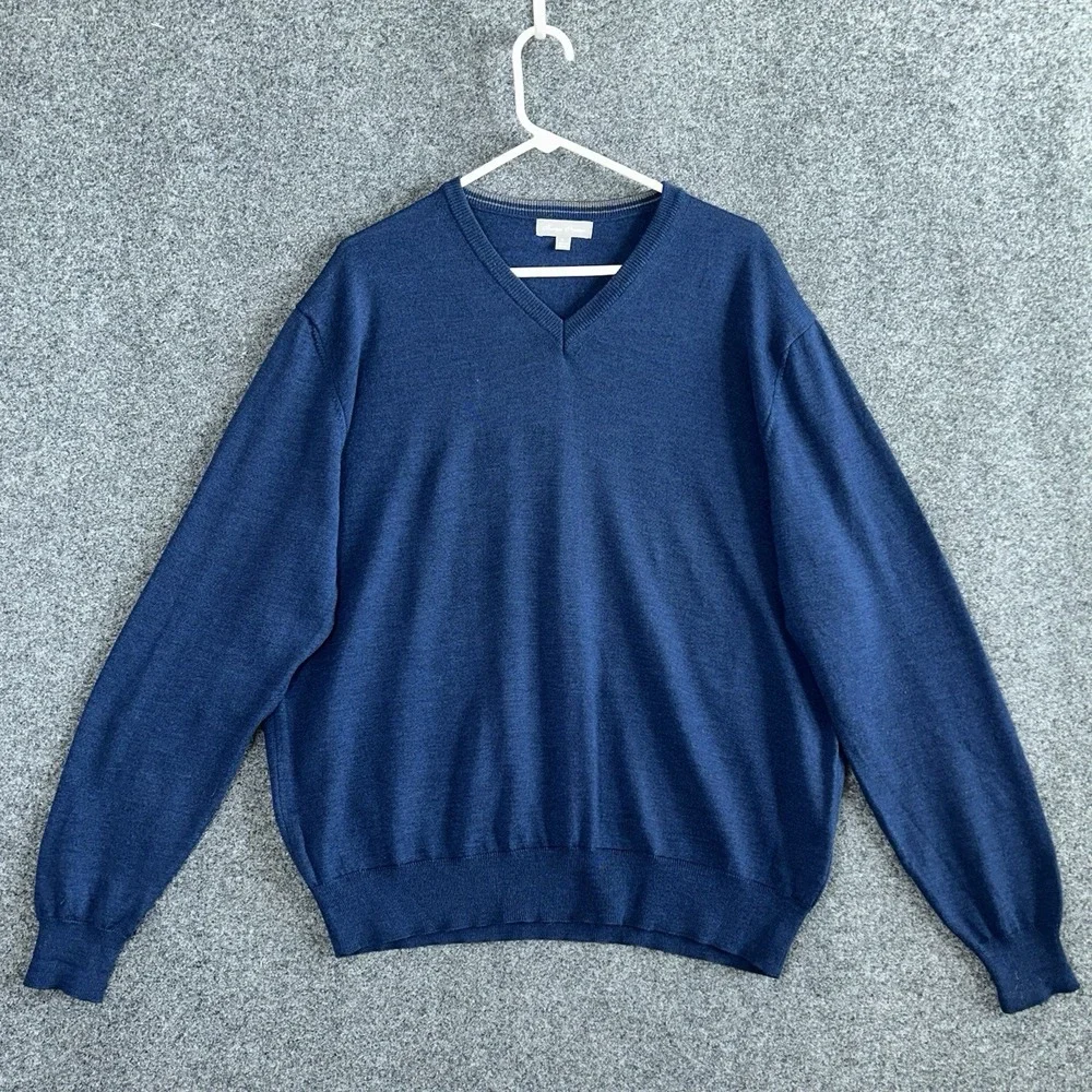 Toscano Firenze Men's XL 100% Merino Wool V-Neck Sweater – Blue EUC